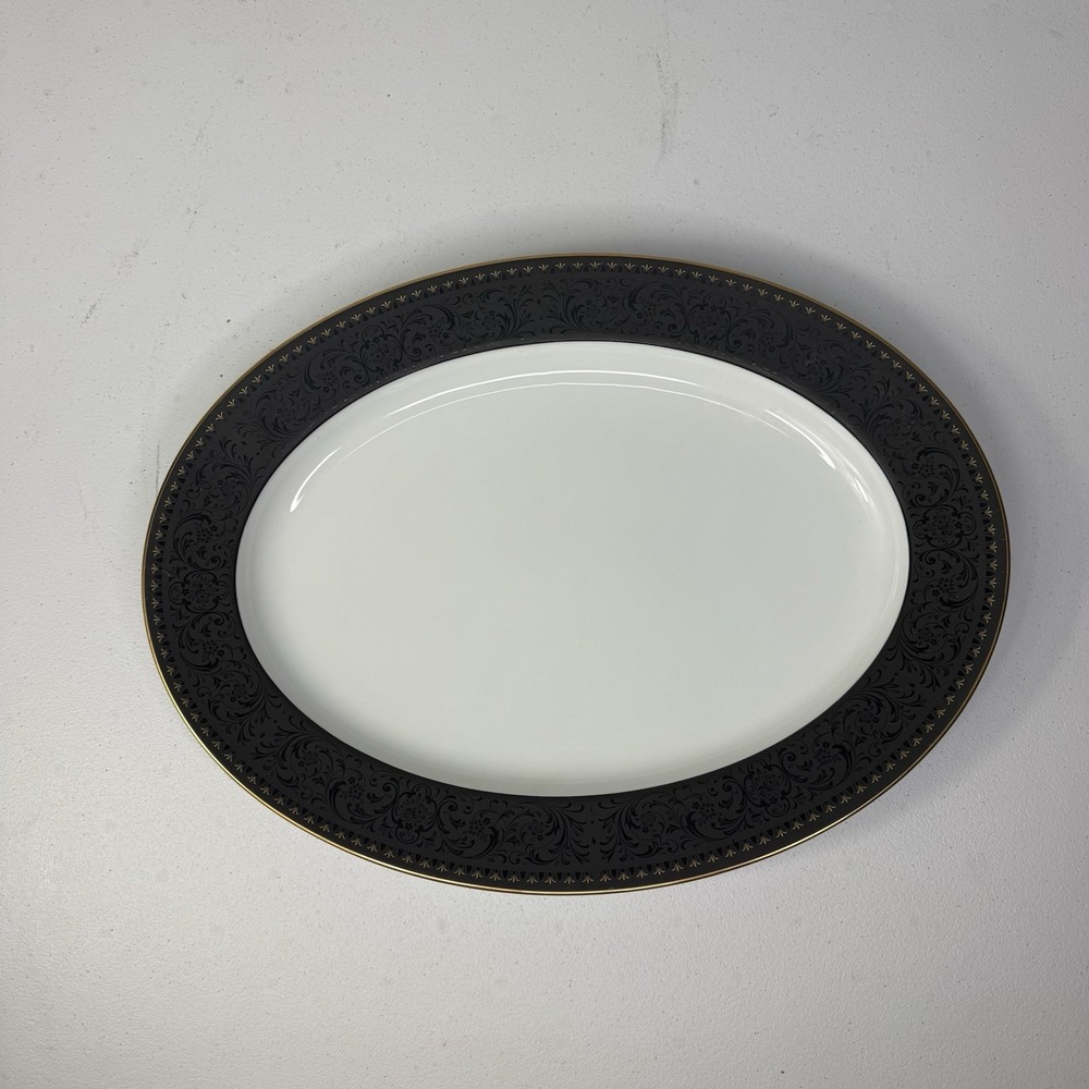 Noritake Benedicta 16" Platter Black Etched Floral Trim Platinum VTG Disc